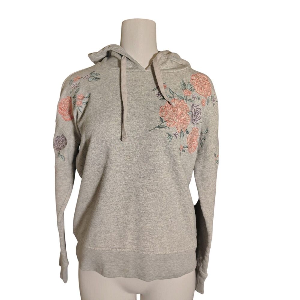 AEROPOSTALE Floral Embroidered Pullover Hoodie Women's Grey Size L Y2K 00013